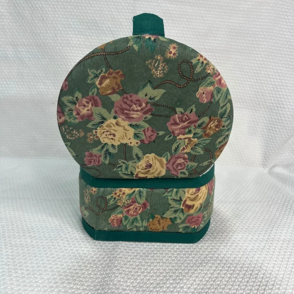 VTG Sewing/Jewelry Box Flip Up Lid Green Floral Print Lace Trim Keepsake Box